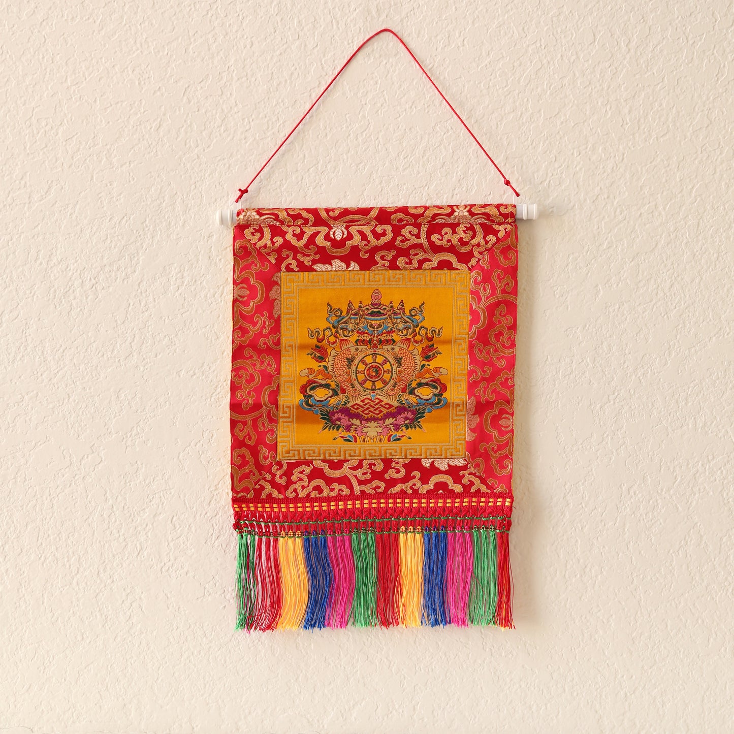 Tibetan Buddhist Ashtamangala Wall Hanging Tassels Tapestry, 18"X12", Namaste Art Boho Gift Home Décor