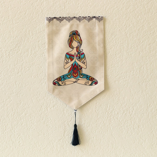 Yoga Meditation Small Canvas Tapestry Wall Hanging, 9.5"X16", Buddhist Om Asian Chinese Indian Wall Art Decor