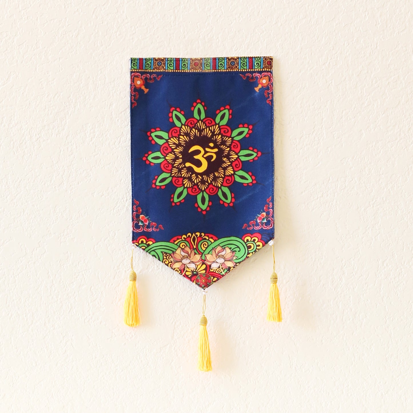 Thai Style Buddhist Om Symbol Small Canvas Tapestry Wall Hanging Tassels, 9.5"X16", Asian Chinese Art