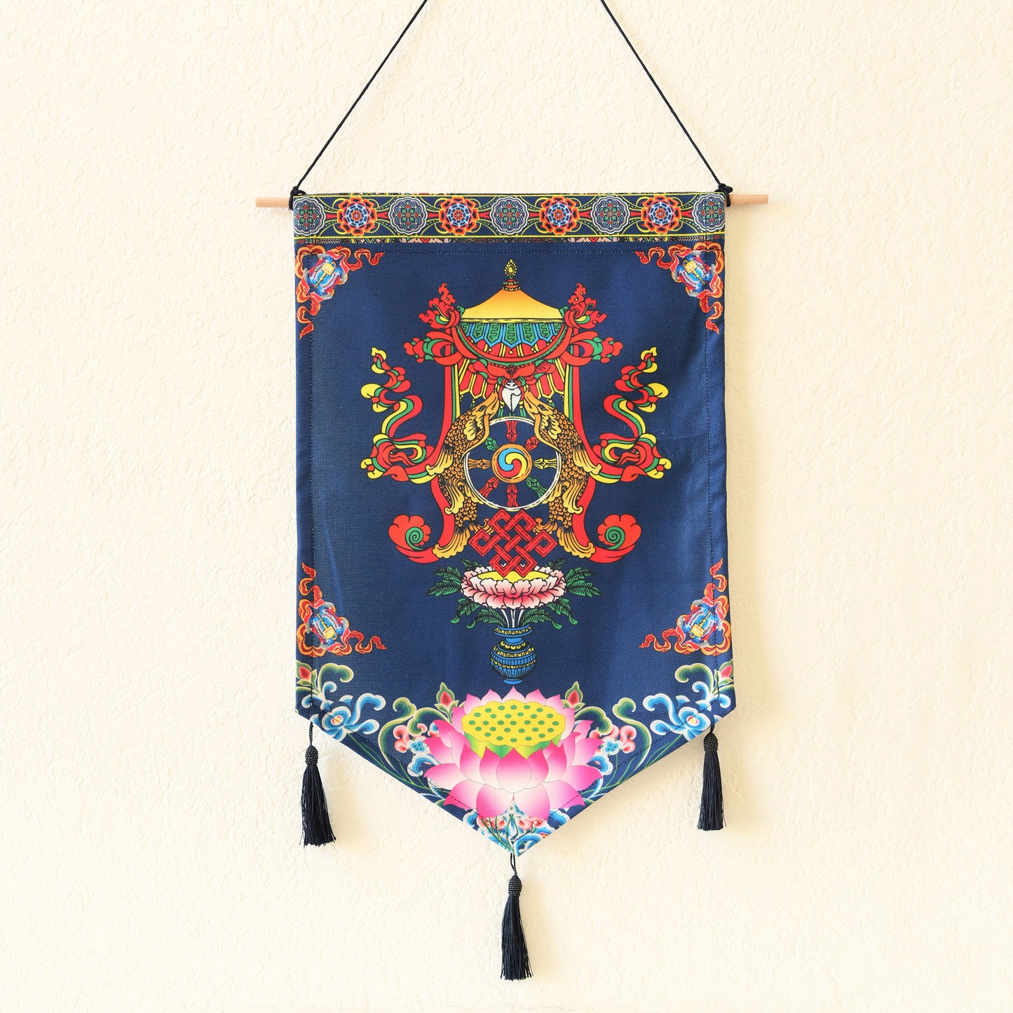 Tibetan Buddhist Golden Wheel Wall Hanging Tassels Tapestry, 25"X16" Blue, Namaste Art Boho Home Décor