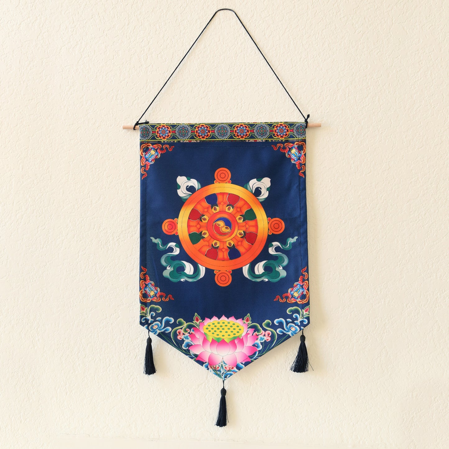 Tibetan Buddhist Golden Wheel Wall Hanging Tassels Tapestry, 25"X16" Blue, Namaste Art Boho Home Décor