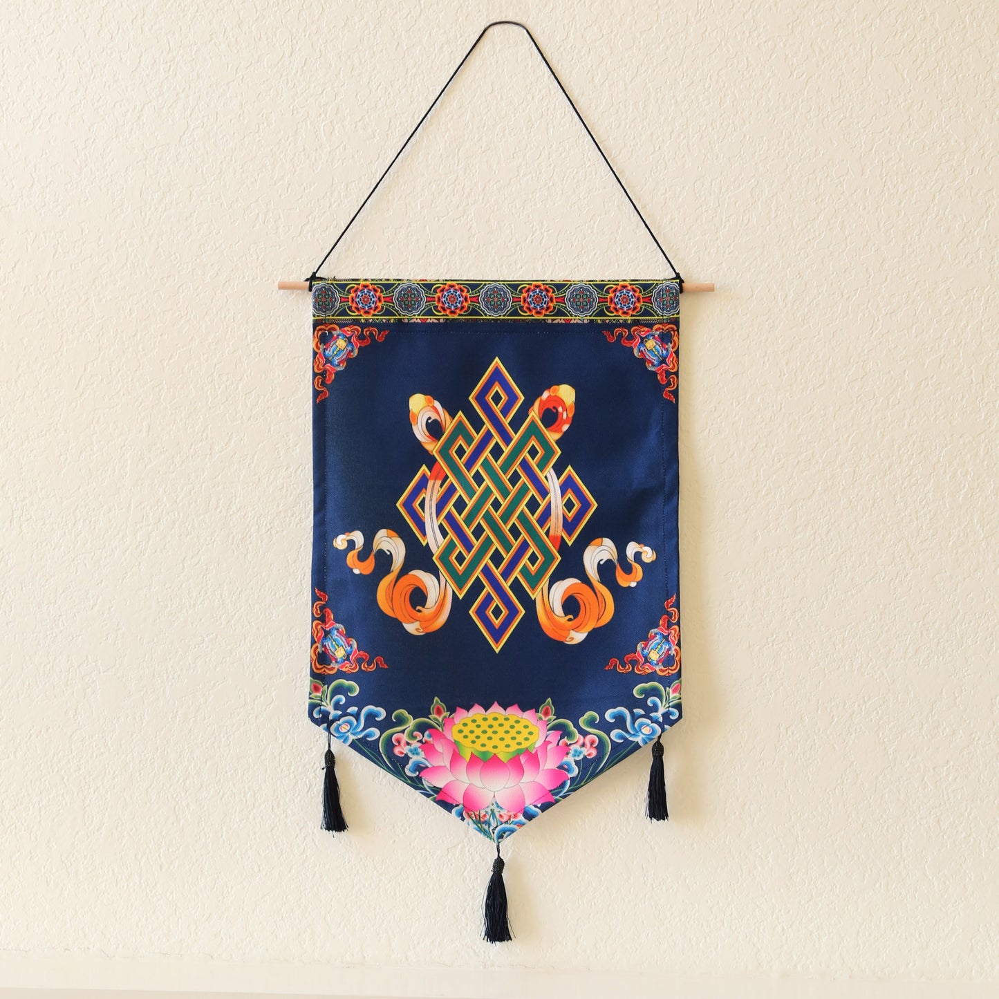 Tibetan Buddhist Golden Wheel Wall Hanging Tassels Tapestry, 25"X16" Blue, Namaste Art Boho Home Décor