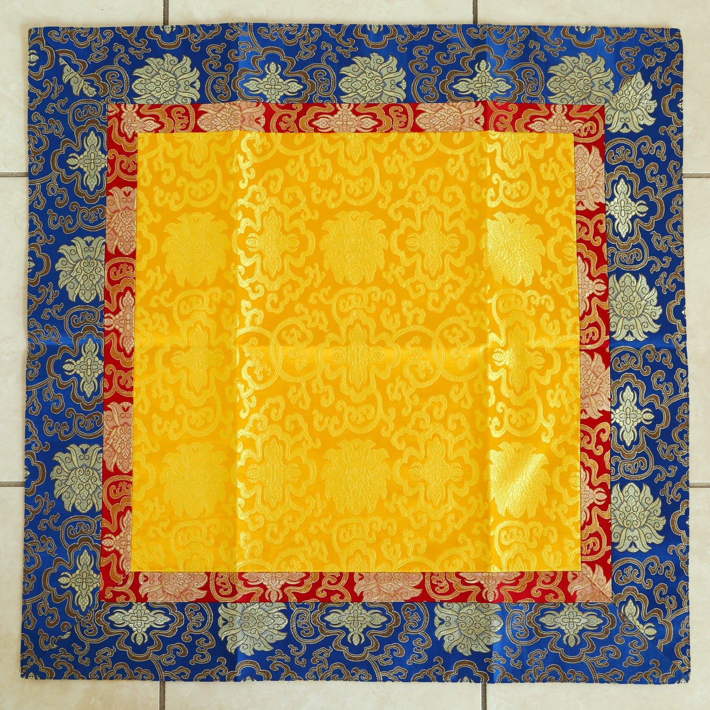 Tibetan Lotus Buddhist Silk Brocade Shrine Table Cover Altar Cloth, 28”X28”, Yellow or Red