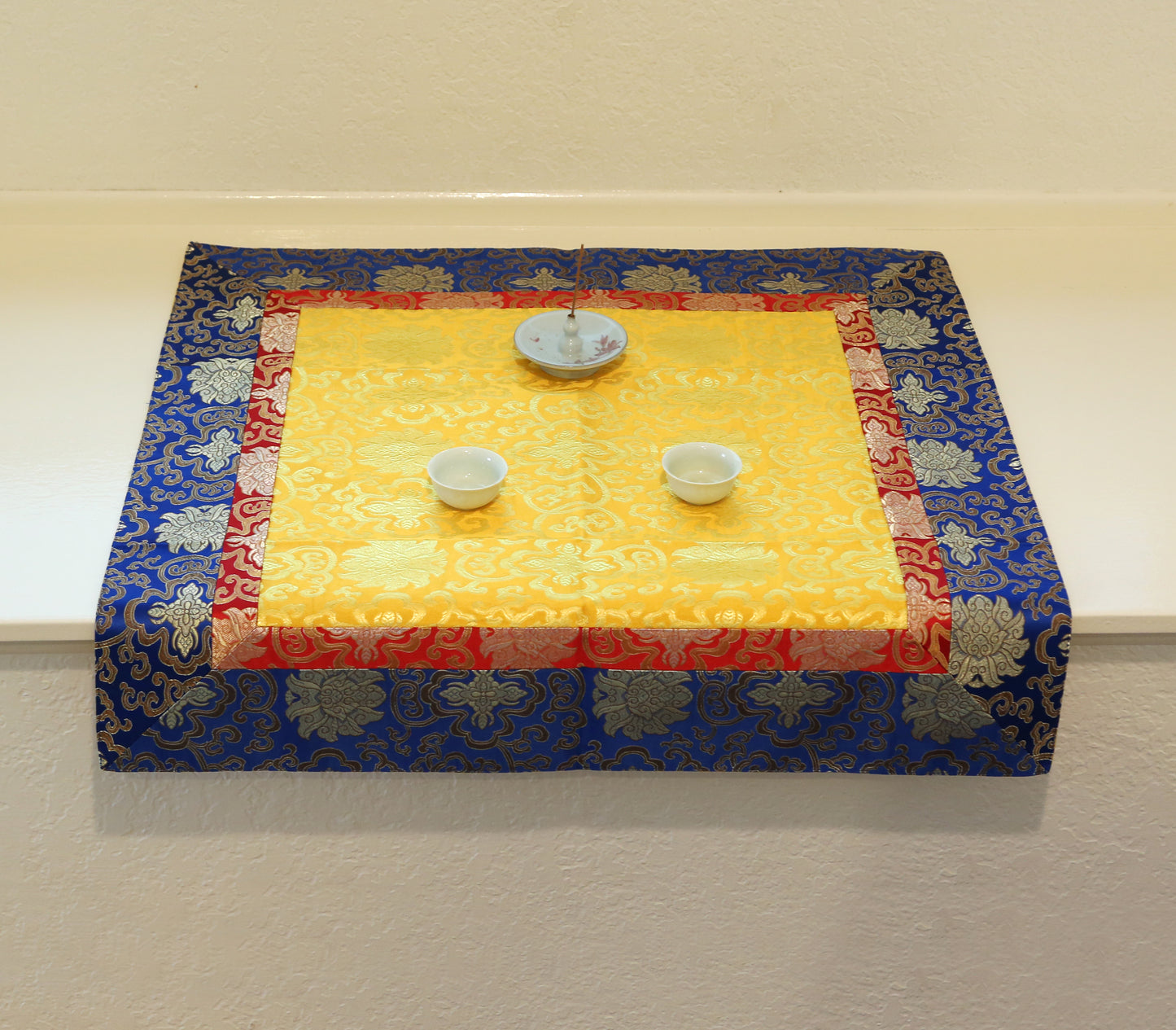 Tibetan Lotus Buddhist Silk Brocade Shrine Table Cover Altar Cloth, 28”X28”, Yellow or Red