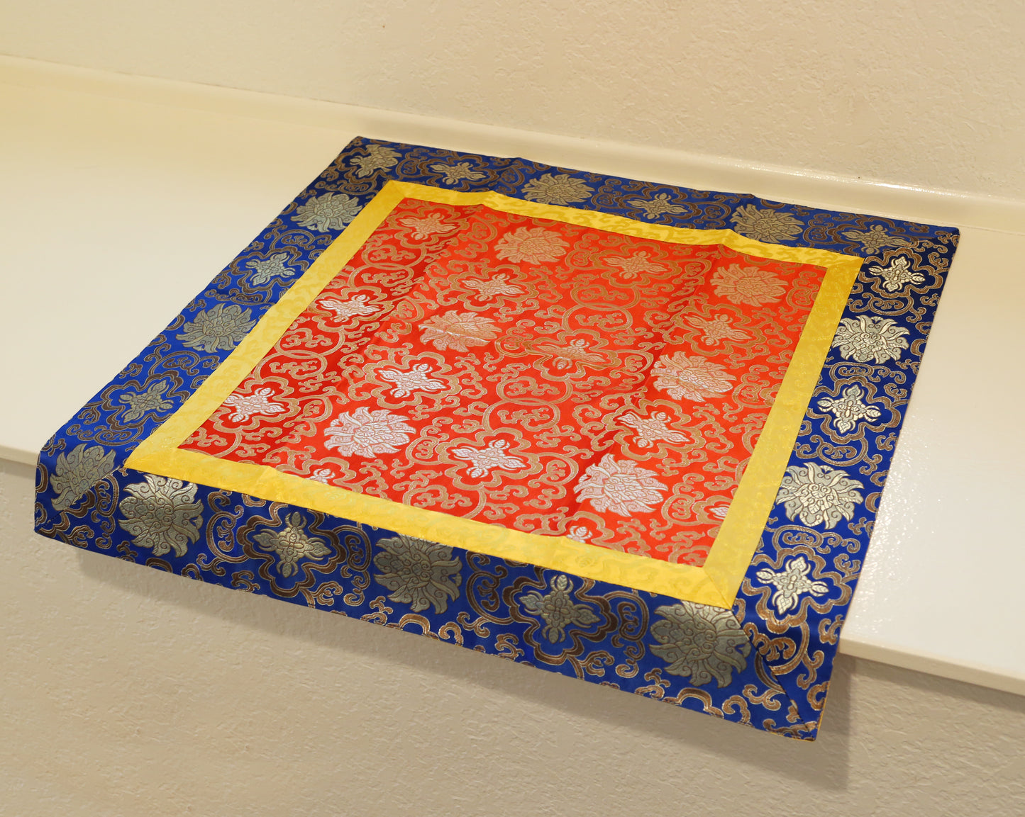 Tibetan Lotus Buddhist Silk Brocade Shrine Table Cover Altar Cloth, 28”X28”, Yellow or Red