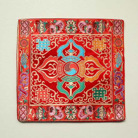 Tibetan Buddhist Cross Vajra Silk Brocade Shrine Table Cover Altar Cloth, 8”X8”, Red/Blue/Yellow