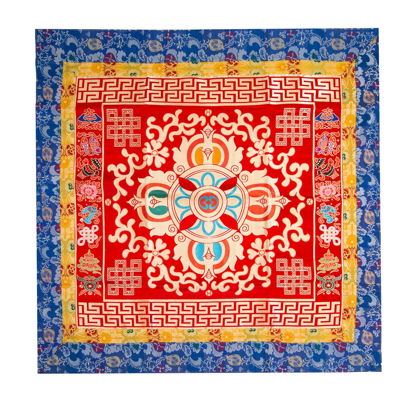 Multi-Color Tibetan Buddhist Ashtamangala Vajra Silk Brocade Shrine Table Cover Altar Cloth, 35”X35”