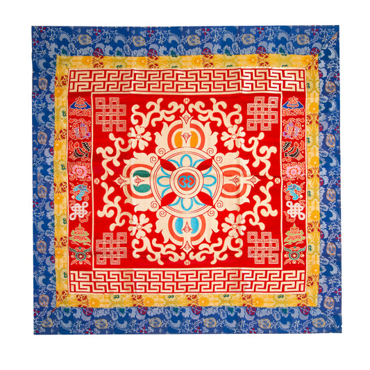 Multi-Color Tibetan Buddhist Ashtamangala Vajra Silk Brocade Shrine Table Cover Altar Cloth, 35”X35”