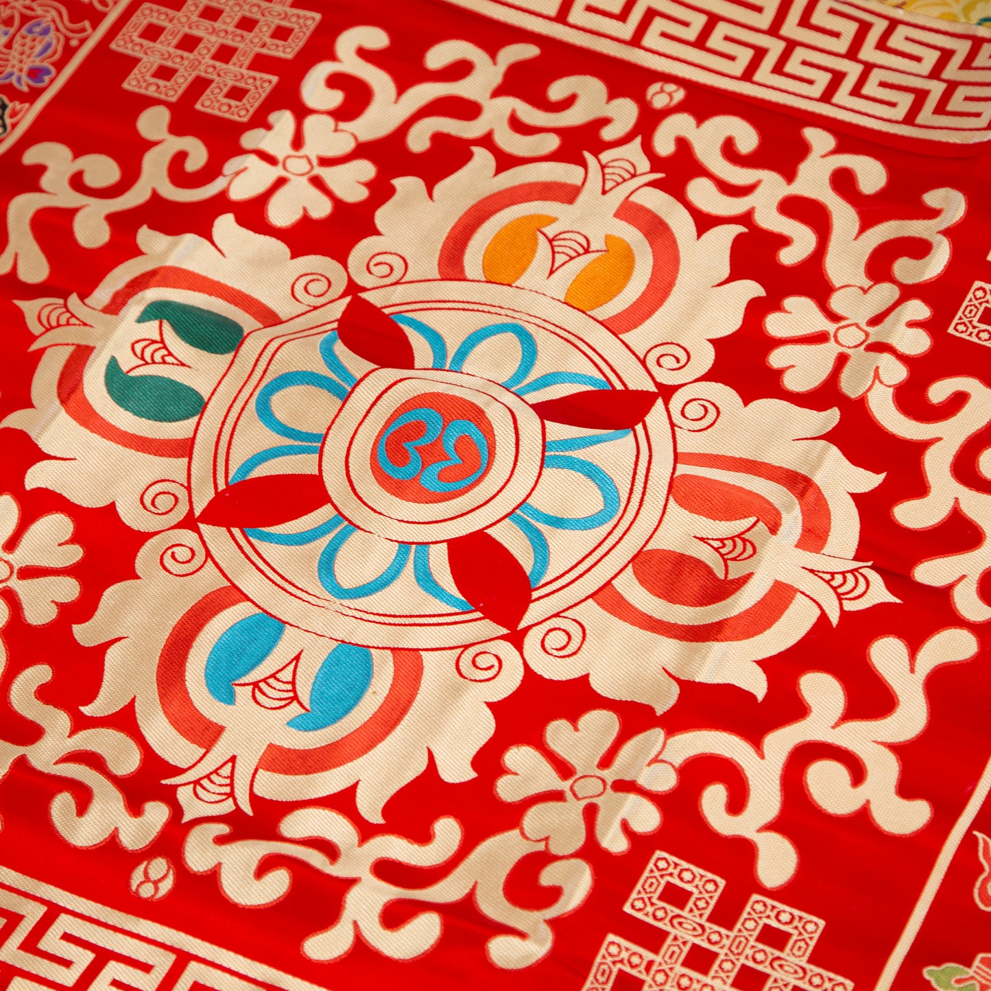 Multi-Color Tibetan Buddhist Ashtamangala Vajra Silk Brocade Shrine Table Cover Altar Cloth, 35”X35”