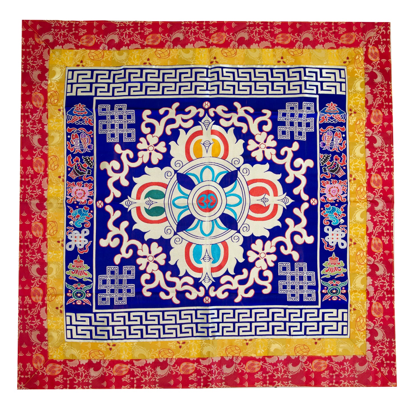 Multi-Color Tibetan Buddhist Ashtamangala Vajra Silk Brocade Shrine Table Cover Altar Cloth, 35”X35”