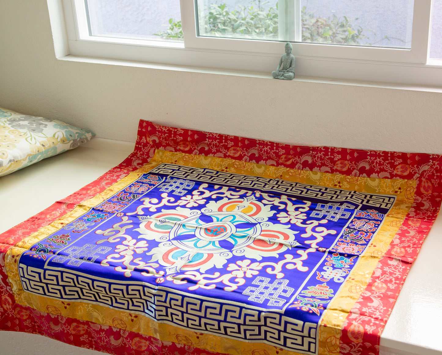 Multi-Color Tibetan Buddhist Ashtamangala Vajra Silk Brocade Shrine Table Cover Altar Cloth, 35”X35”