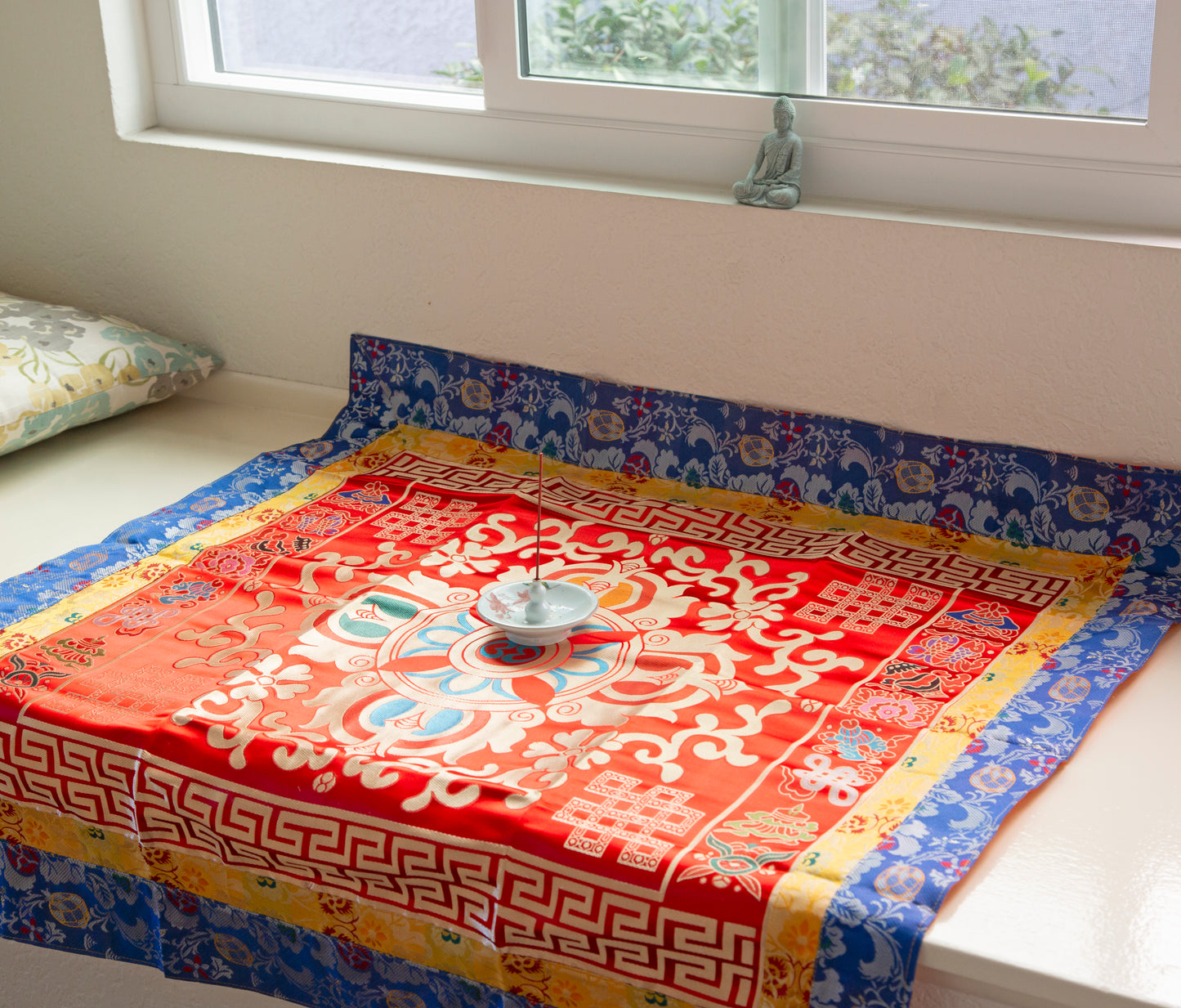 Multi-Color Tibetan Buddhist Ashtamangala Vajra Silk Brocade Shrine Table Cover Altar Cloth, 35”X35”