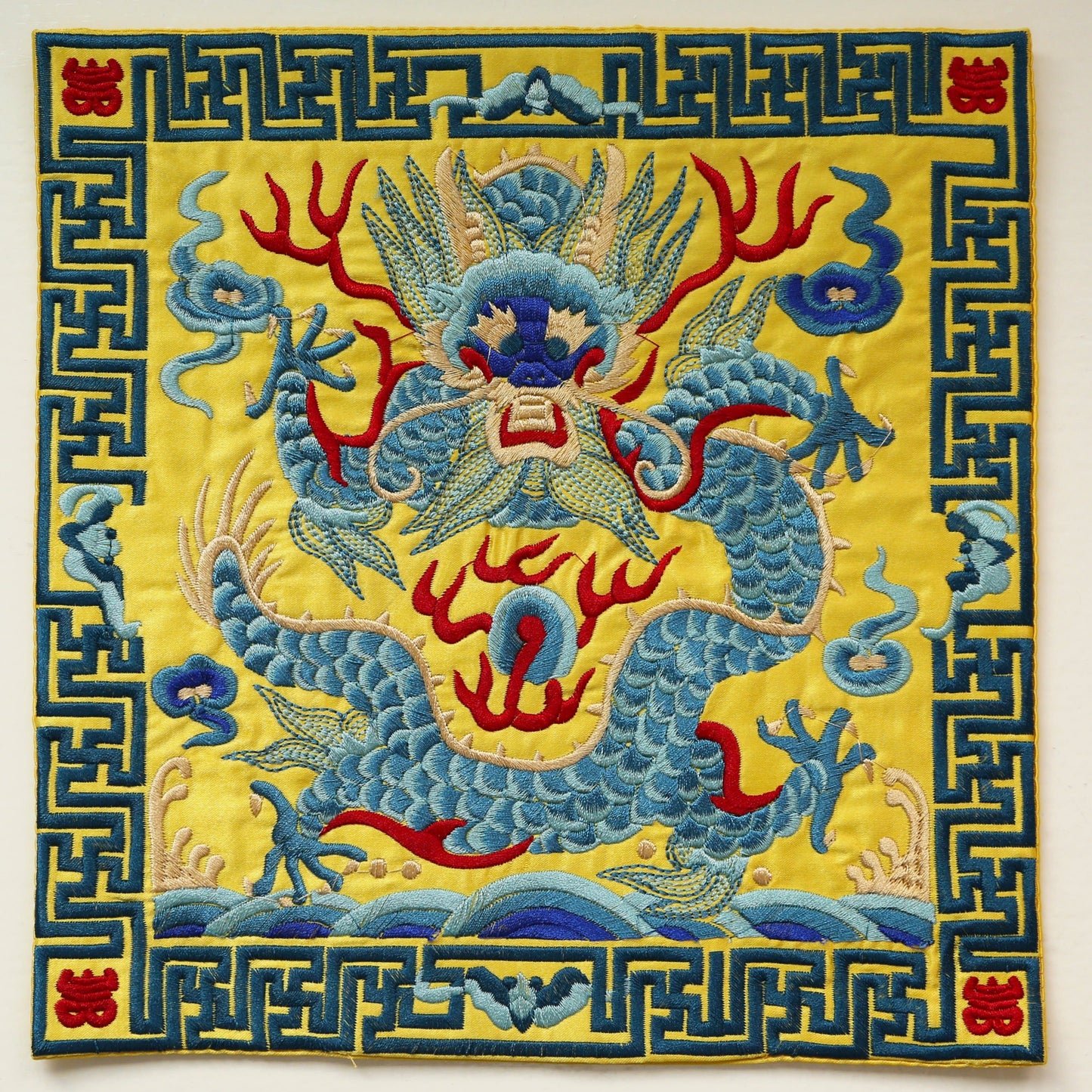 Oriental Chinese Dragon Silk Brocade Shrine Table Cover Altar Cloth, 10.5”X10.5”, Yellow/Red/Black