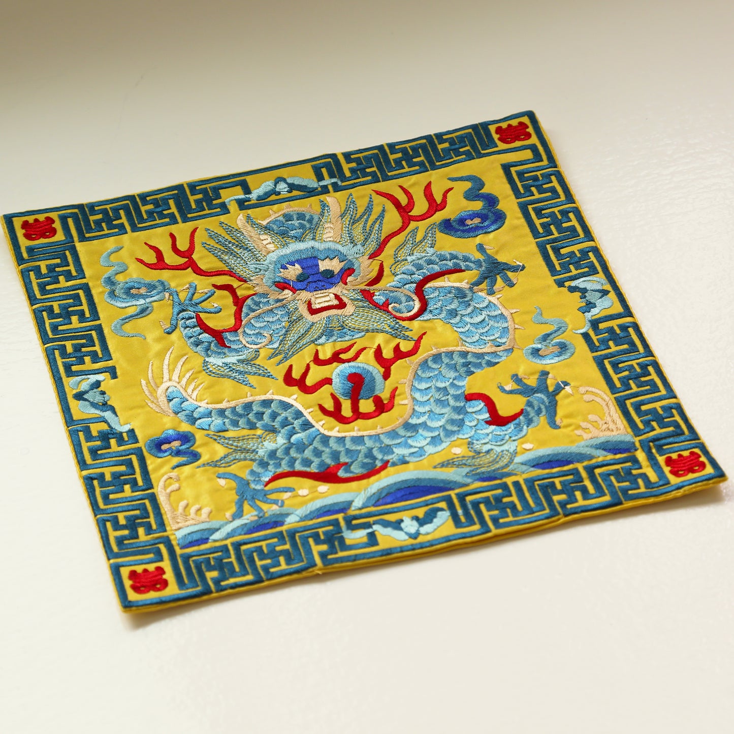 Oriental Chinese Dragon Silk Brocade Shrine Table Cover Altar Cloth, 10.5”X10.5”, Yellow/Red/Black