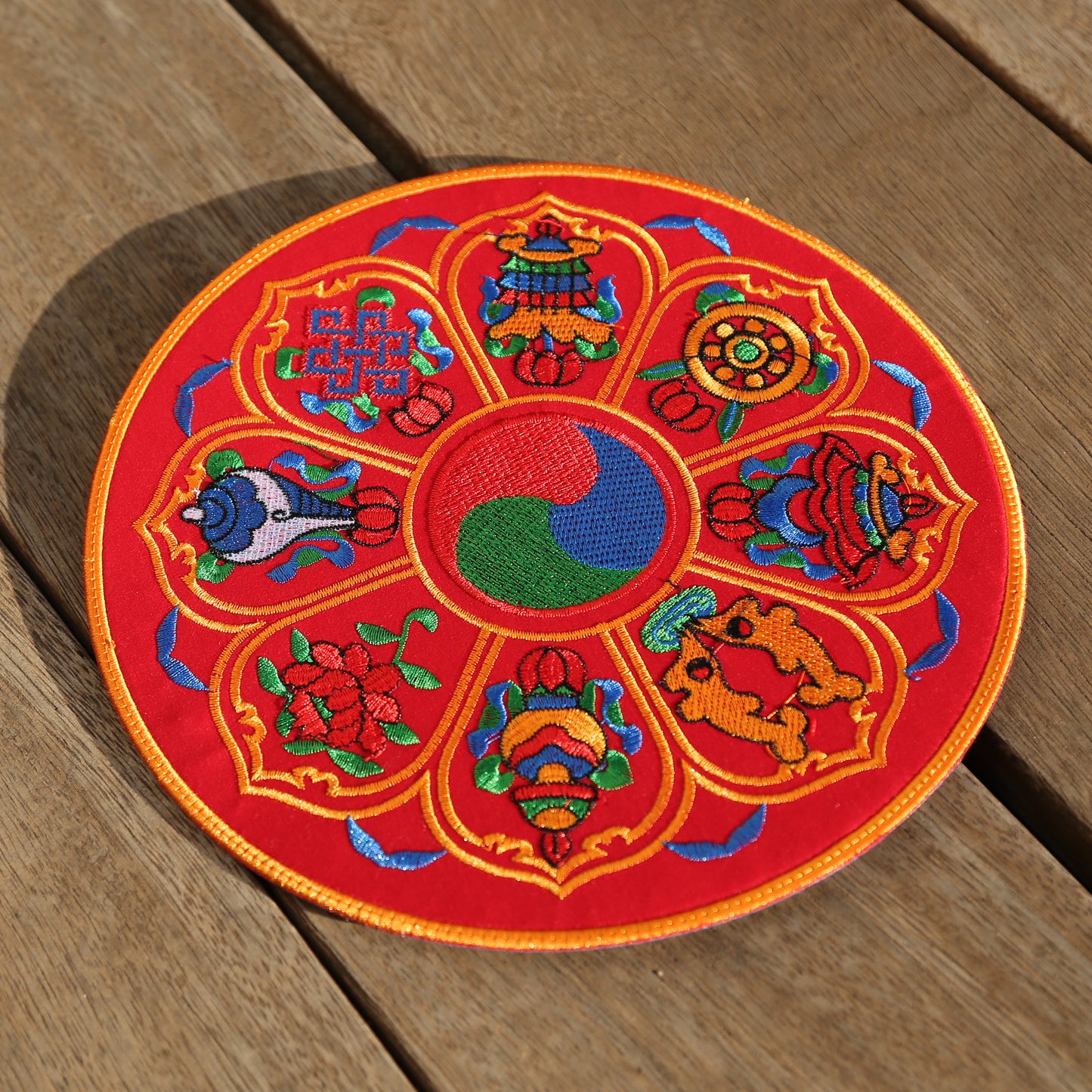 Round 8" Tibetan Buddhist Ashtamangala Silk Brocade Shrine Table Cover Altar Mat, Blue/Red