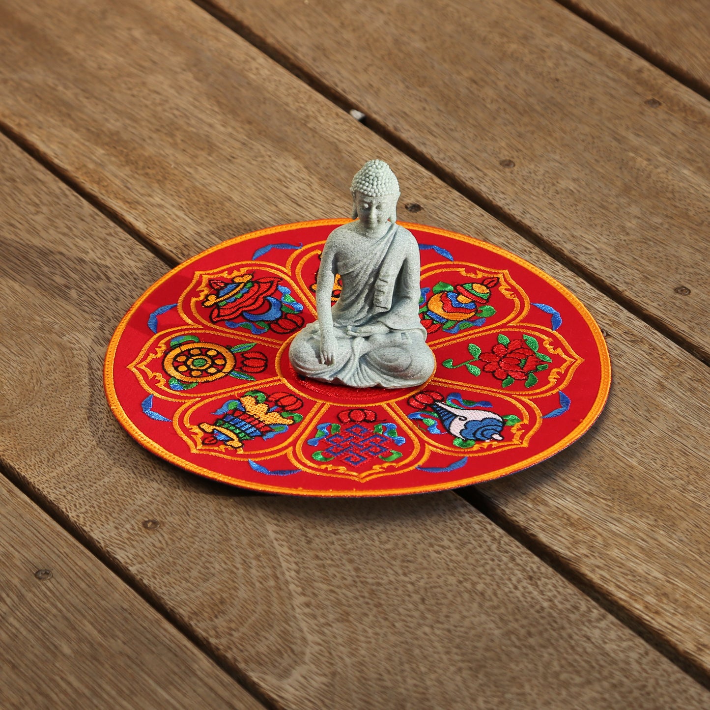 Round 8" Tibetan Buddhist Ashtamangala Silk Brocade Shrine Table Cover Altar Mat, Blue/Red