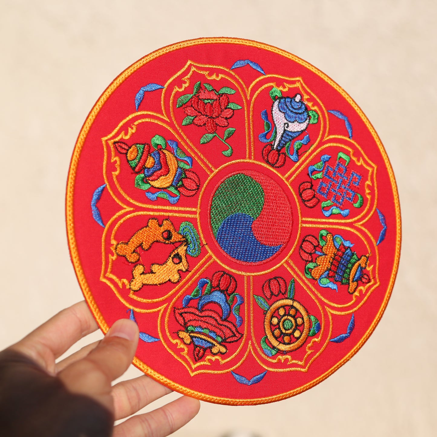 Round 8" Tibetan Buddhist Ashtamangala Silk Brocade Shrine Table Cover Altar Mat, Blue/Red