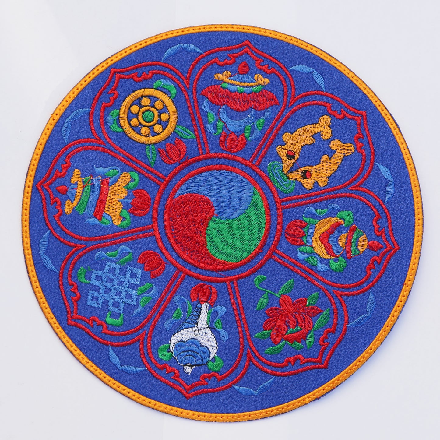 Round 8" Tibetan Buddhist Ashtamangala Silk Brocade Shrine Table Cover Altar Mat, Blue/Red