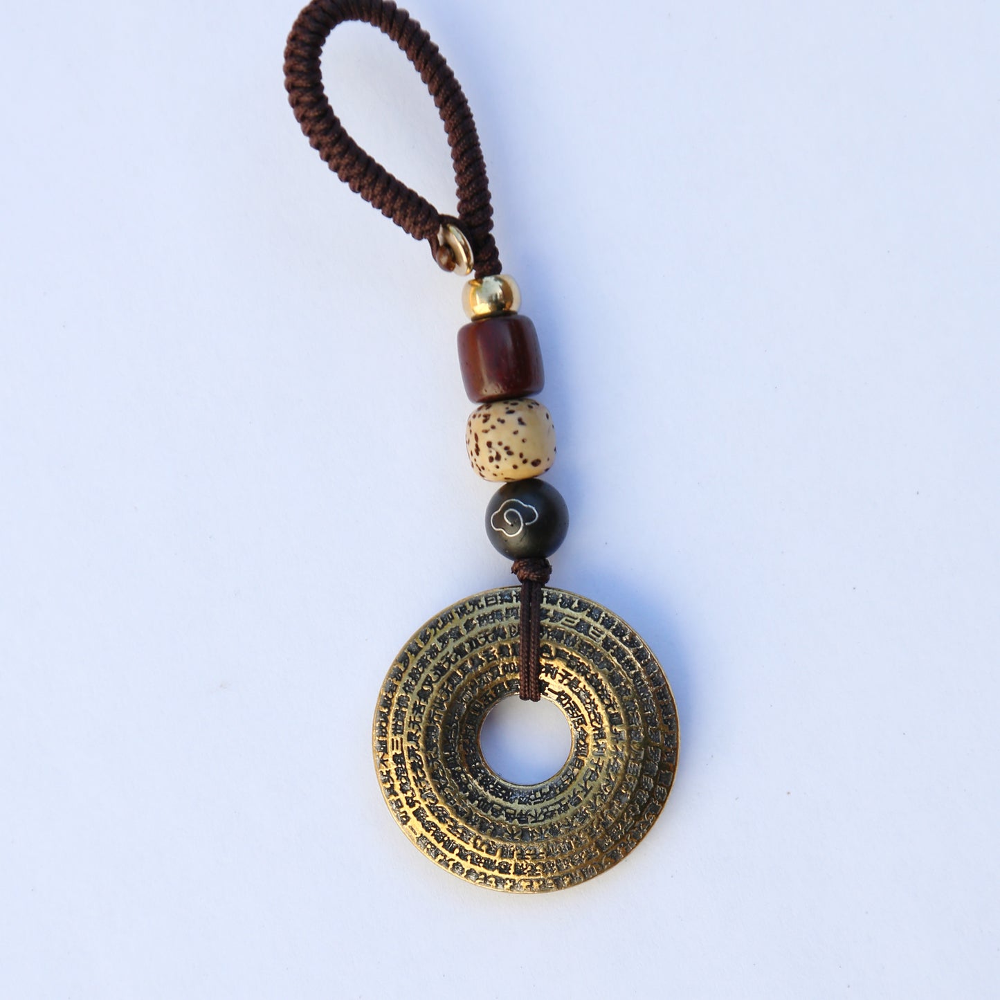 Tibetan Om Prayer Brass Keychain Bag Charm, Car Mirror Ornament, Chinese Buddhist Lanyard (S)