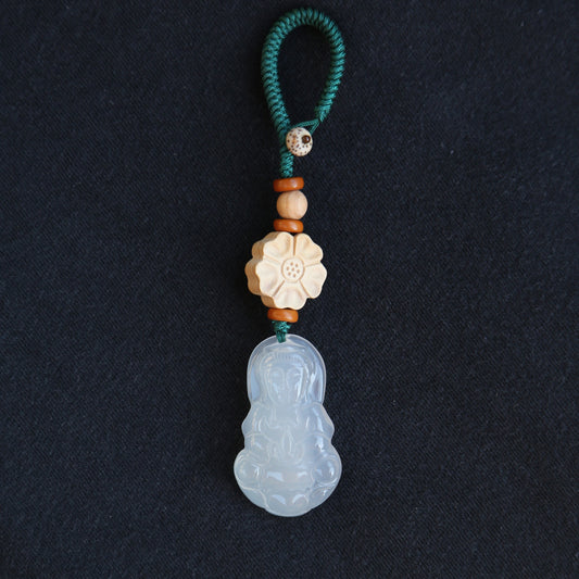 Carved Buddha Keychain Lucky Bag Charm Zipper Charm, White Jade-Look Resin Pendant, Tibetan Buddhism Car Mirror Charm Lanyard (S)