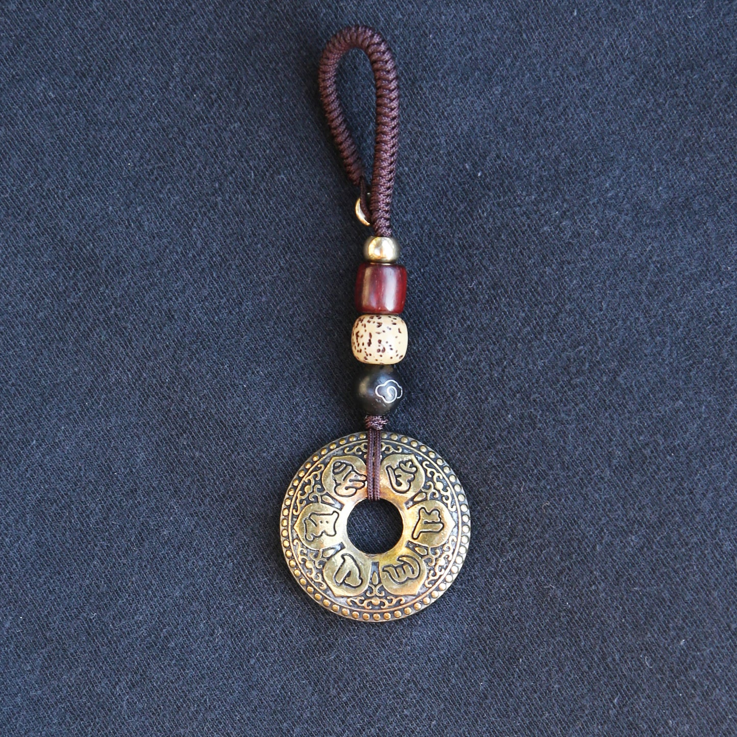 Tibetan Om Prayer Brass Keychain Bag Charm, Car Mirror Ornament, Chinese Buddhist Lanyard (S)