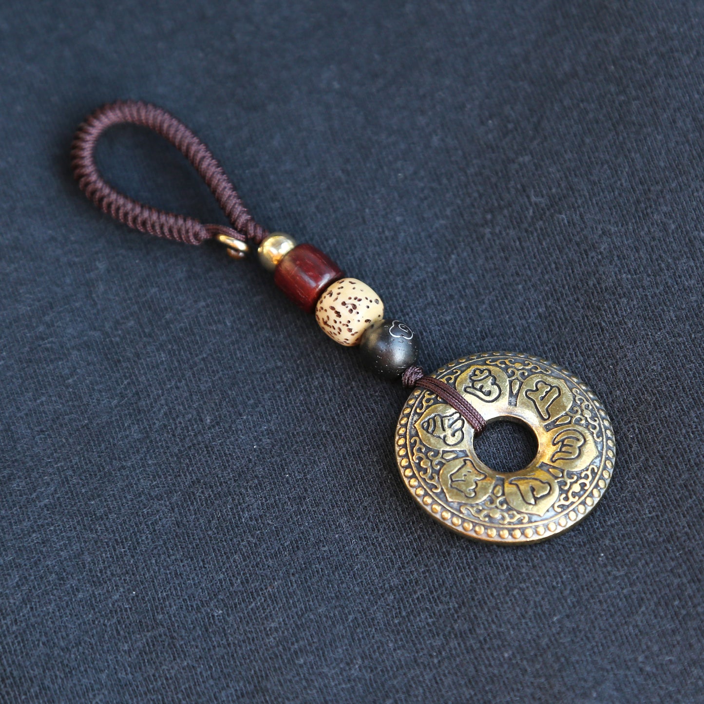 Tibetan Om Prayer Brass Keychain Bag Charm, Car Mirror Ornament, Chinese Buddhist Lanyard (S)