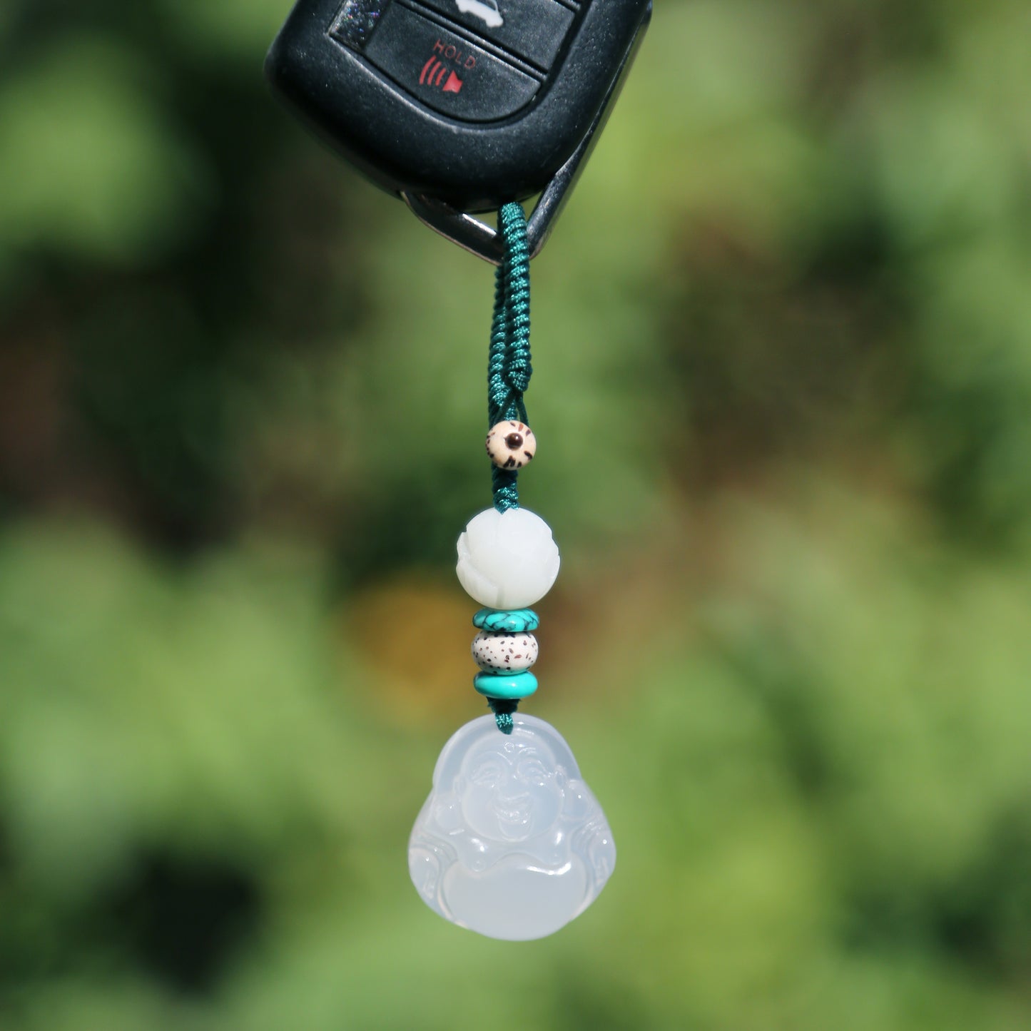 Carved Maitreya Buddha Keychain Lucky Bag Charm, White Jade-Look Resin Pendant Zipper Charm, Tibetan Buddhism Car Mirror Charm Lanyard (S)