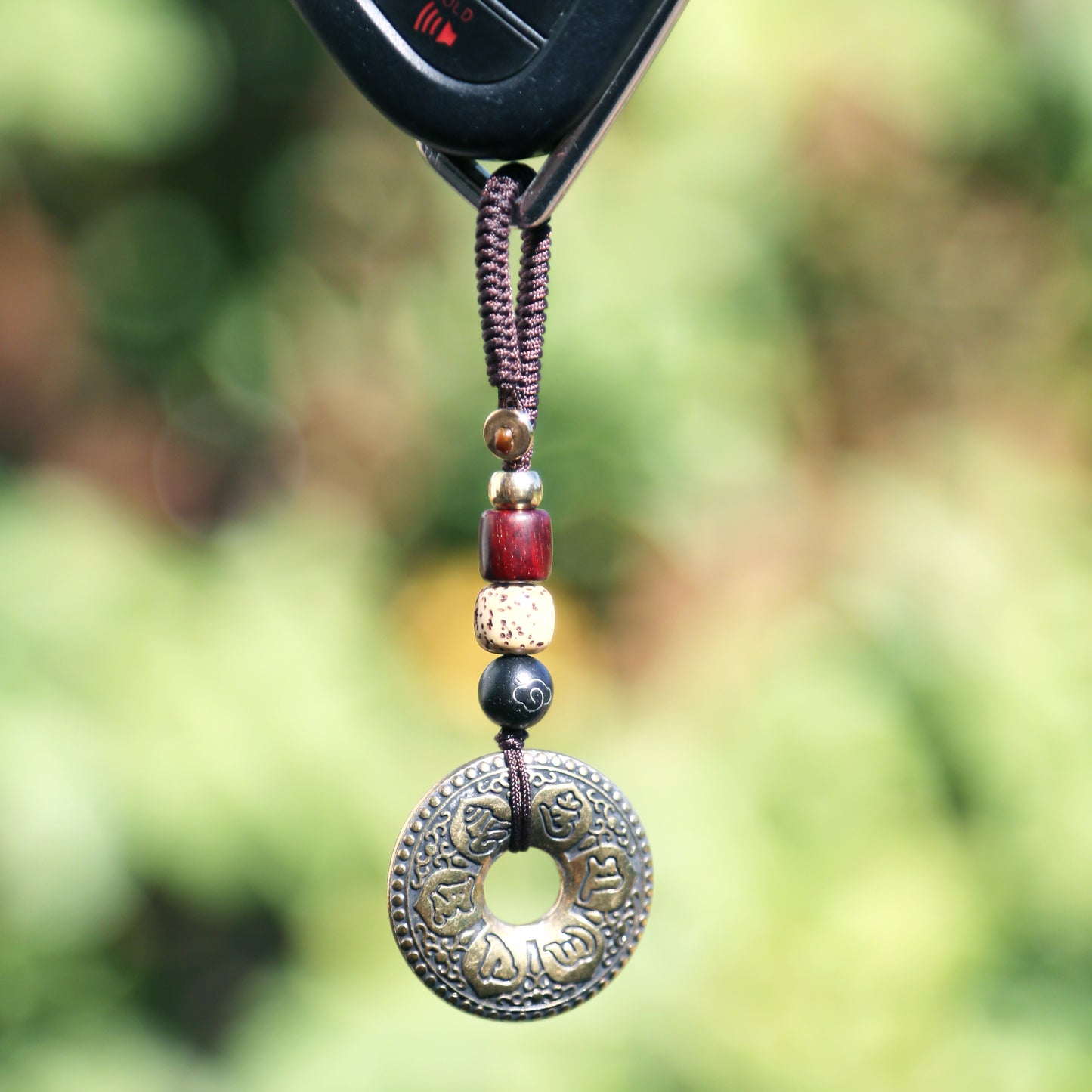 Tibetan Om Prayer Brass Keychain Bag Charm, Car Mirror Ornament, Chinese Buddhist Lanyard (S)