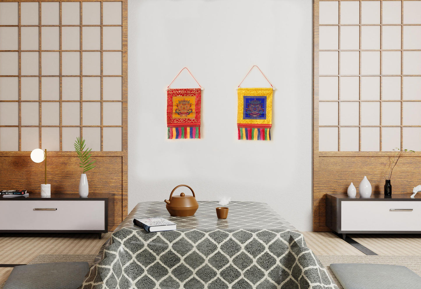 Tibetan Buddhist Ashtamangala Wall Hanging Tassels Tapestry, 18"X12", Namaste Art Boho Gift Home Décor