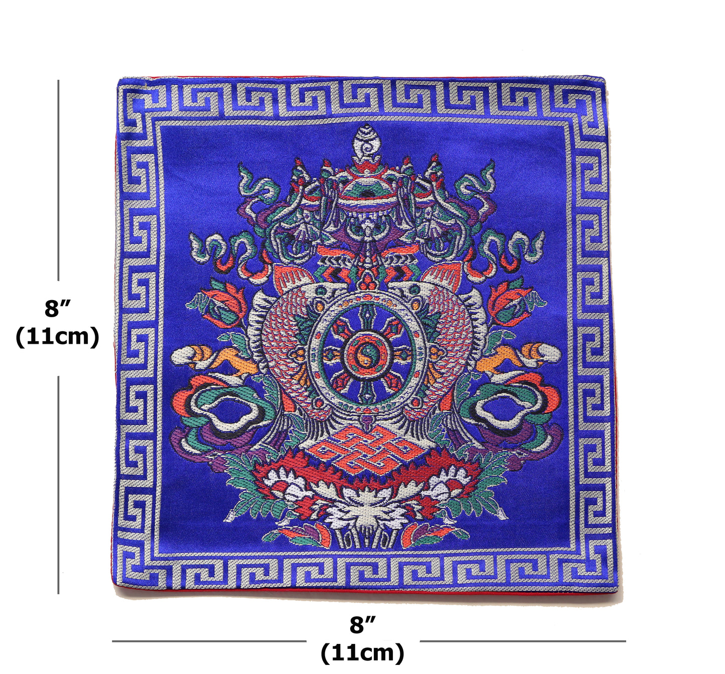 Tibetan Buddhist Ashtamangala Silk Brocade Shrine Table Cover Altar Cloth, 8”X8”, Blue/Red/Yellow