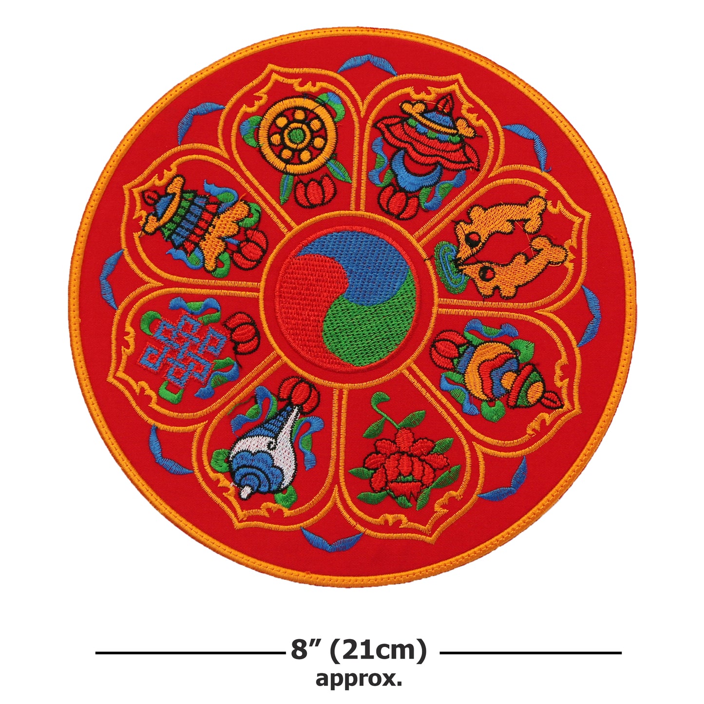 Round 8" Tibetan Buddhist Ashtamangala Silk Brocade Shrine Table Cover Altar Mat, Blue/Red