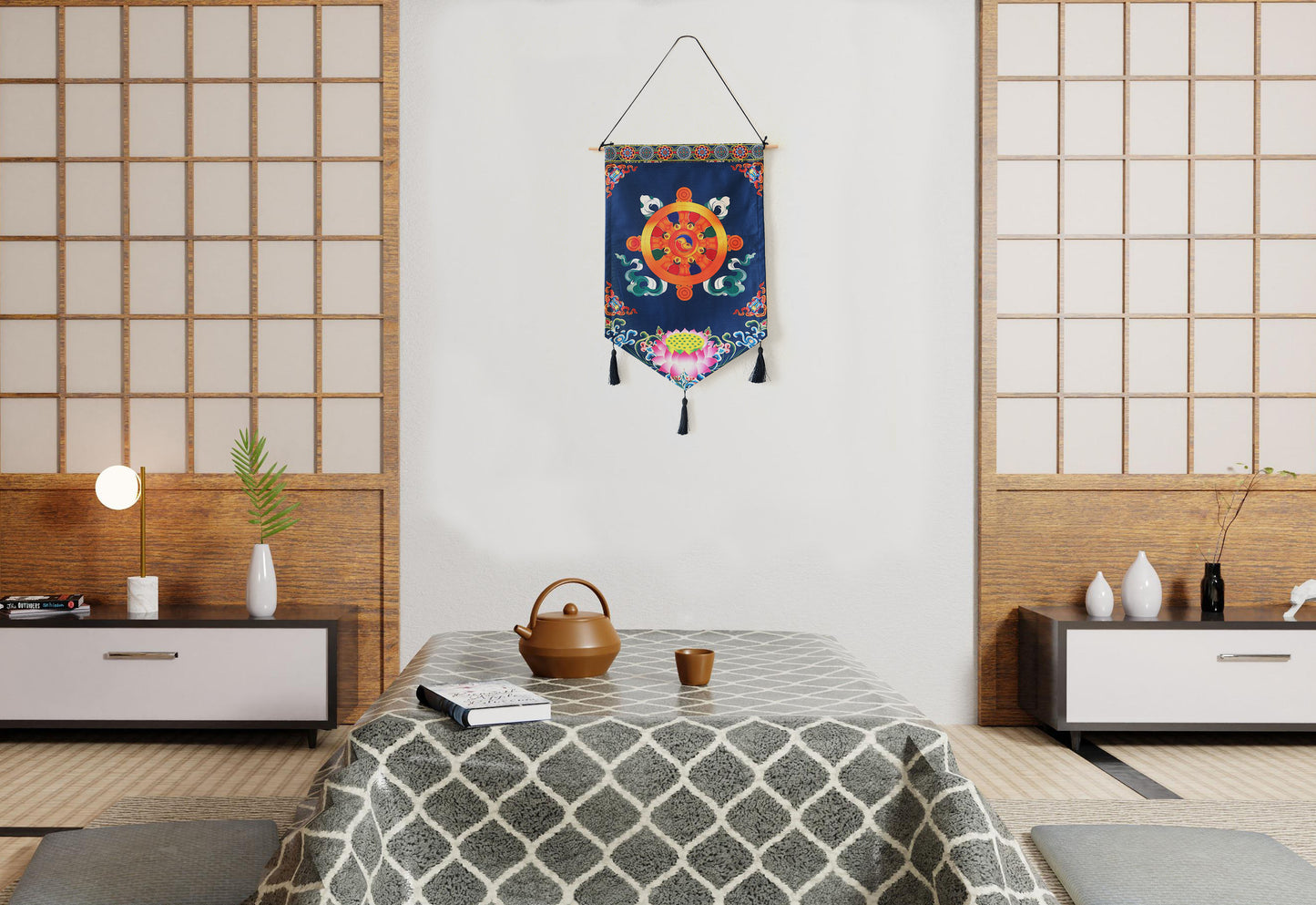 Tibetan Buddhist Golden Wheel Wall Hanging Tassels Tapestry, 25"X16" Blue, Namaste Art Boho Home Décor