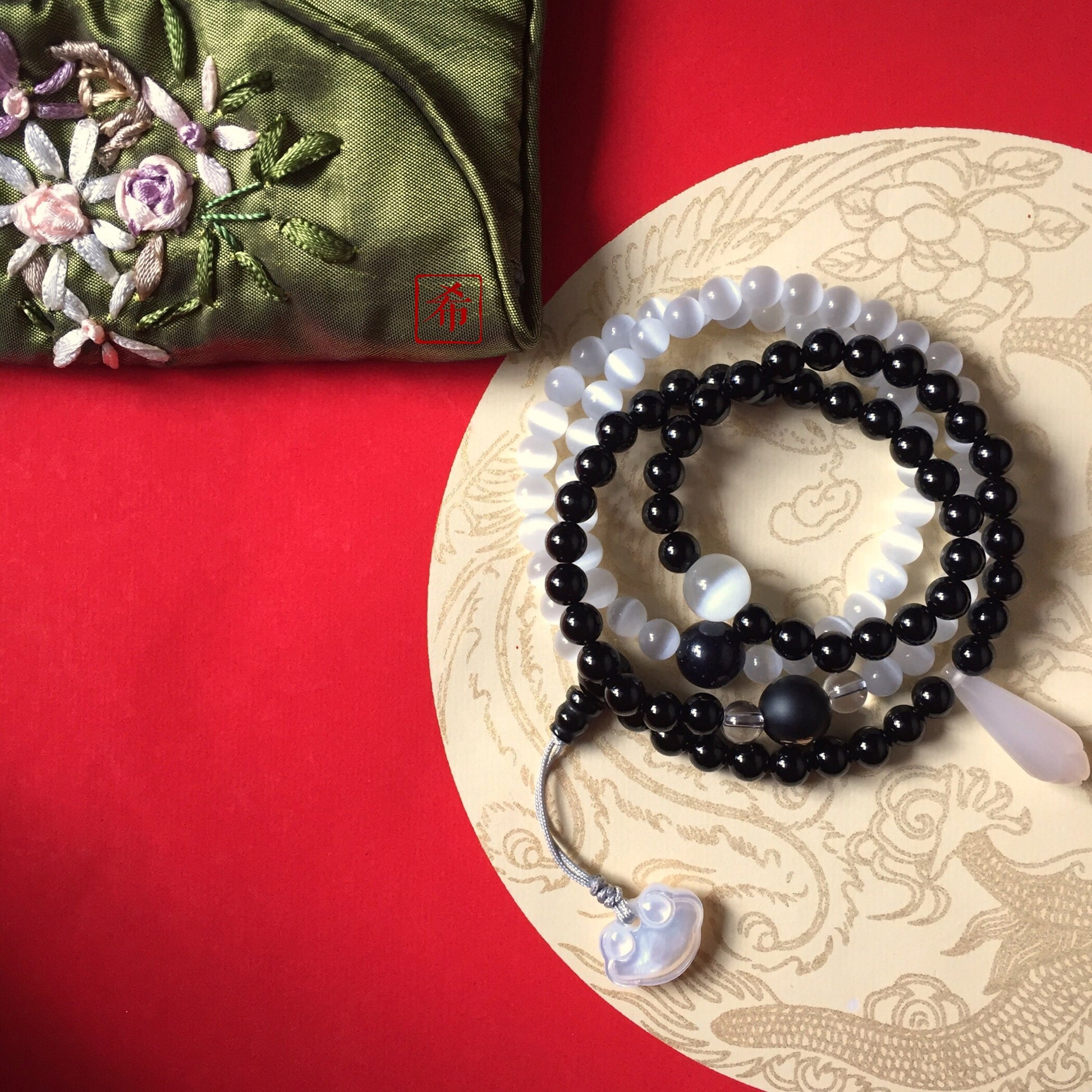 Yin Yang Black Onyx and Cats Eye 108 Beads Bracelet/Necklace.