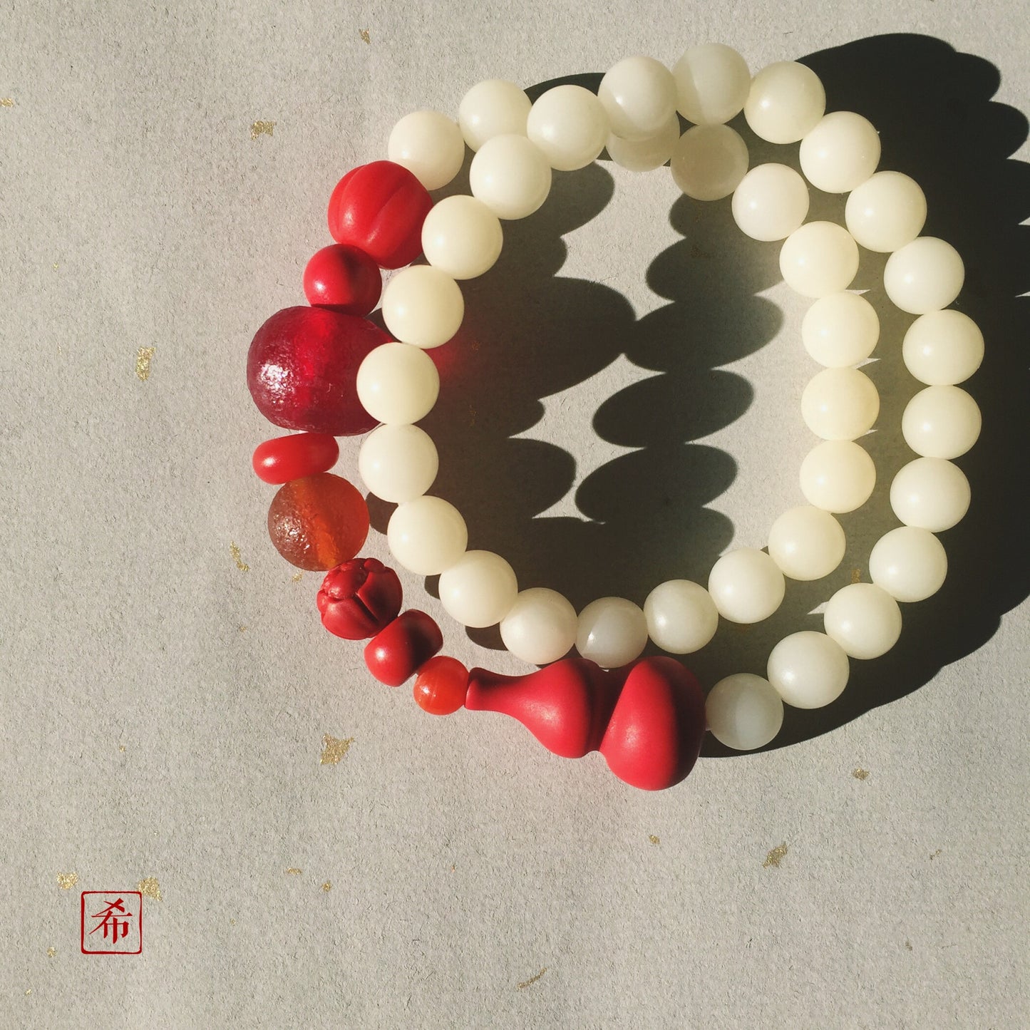 Bottle Gourd Bodhi Seed and Cinnabar Mala Bracelet.