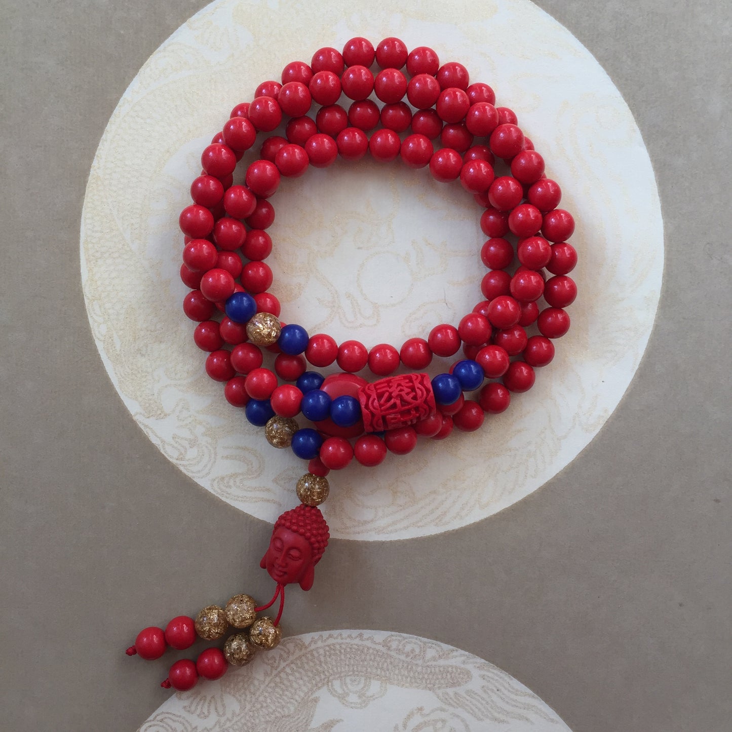 Buddha Red Cinnabar 108 Bead Mala Necklace, Red Stone Wrap Bracelet Wrist Mala.