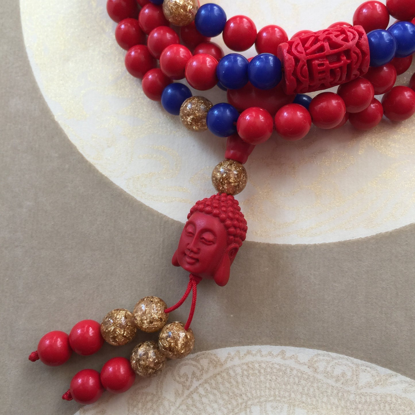 Buddha Red Cinnabar 108 Bead Mala Necklace, Red Stone Wrap Bracelet Wrist Mala.