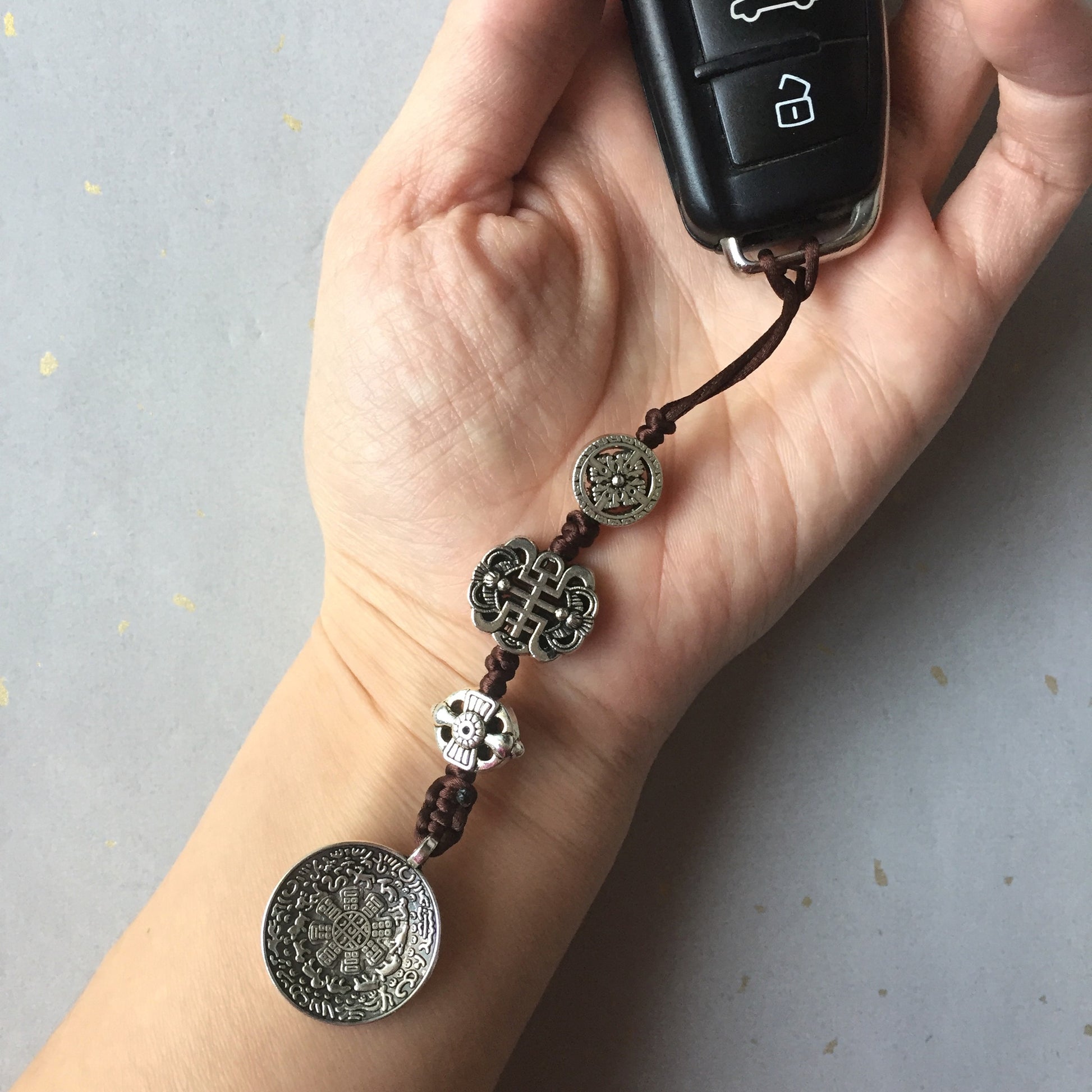 Silver Color Talisman Protection Zipper Charm, Tibetan Style Keychain, Chinese Bagua Car Charm - Small.