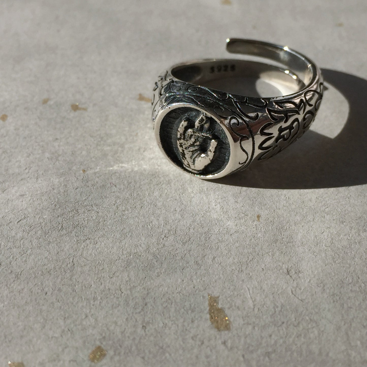 Guan Yin Bodhisattva Praying Hand Sterling Silver Ring, Tibetan Buddhism Ring.