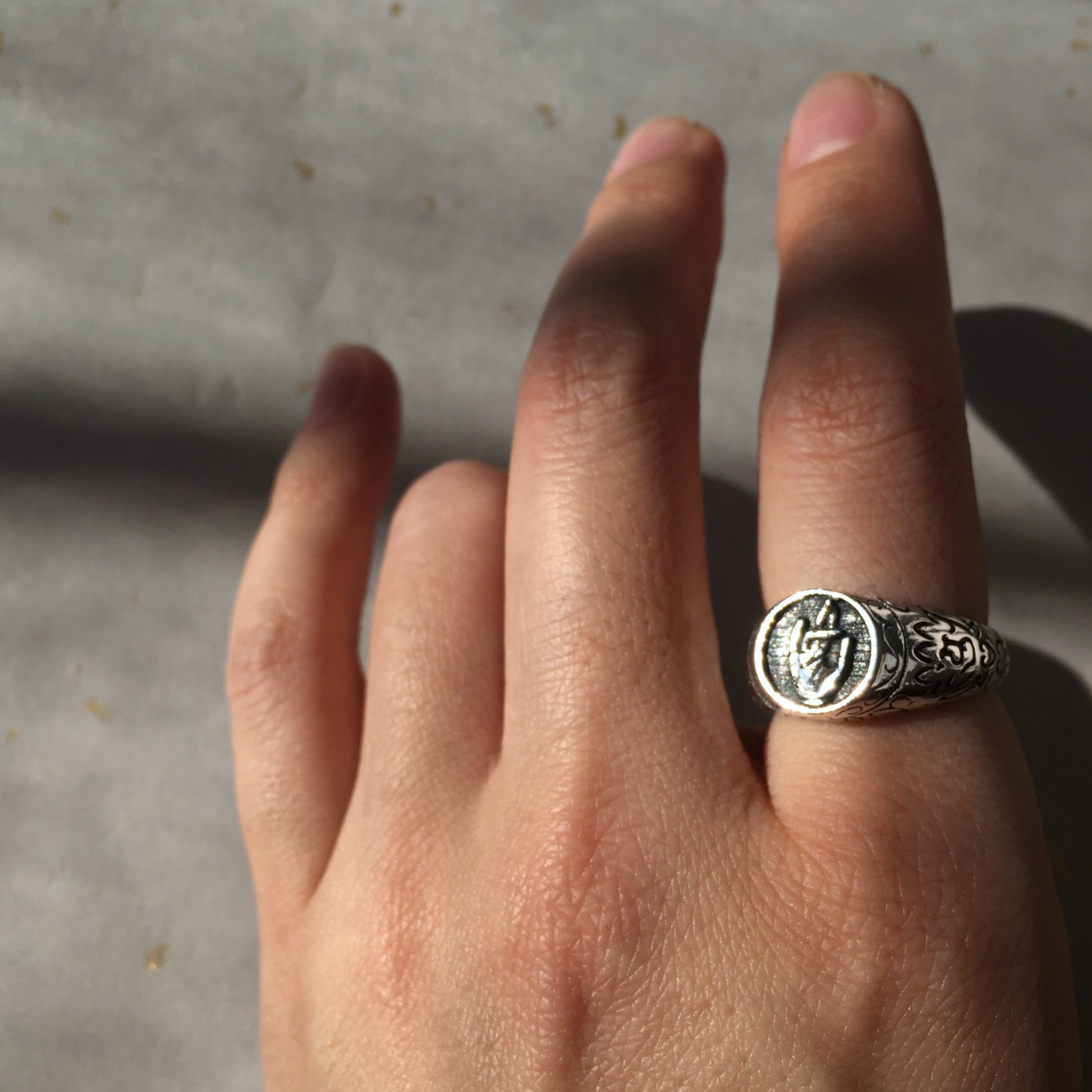 Guan Yin Bodhisattva Praying Hand Sterling Silver Ring, Tibetan Buddhism Ring.
