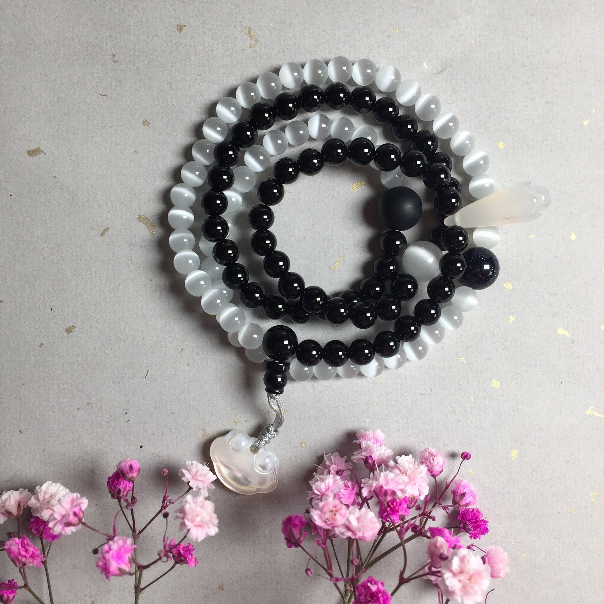 Yin Yang Black Onyx and Cats Eye 108 Beads Bracelet/Necklace.