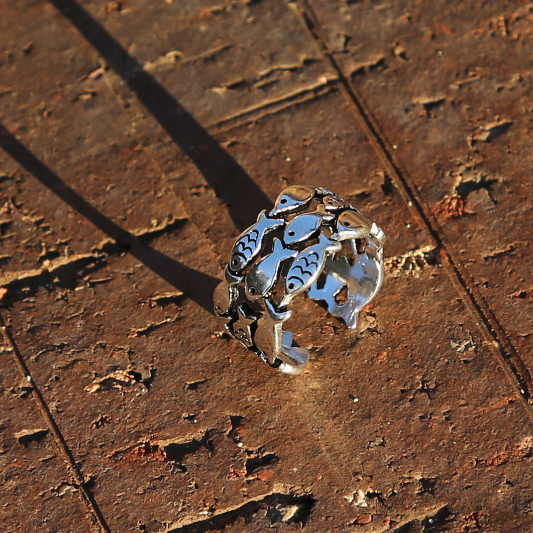 Cute Fish Adjustable Sterling Silver Ring, Traditional Chinese Love and Luck Ring (S)