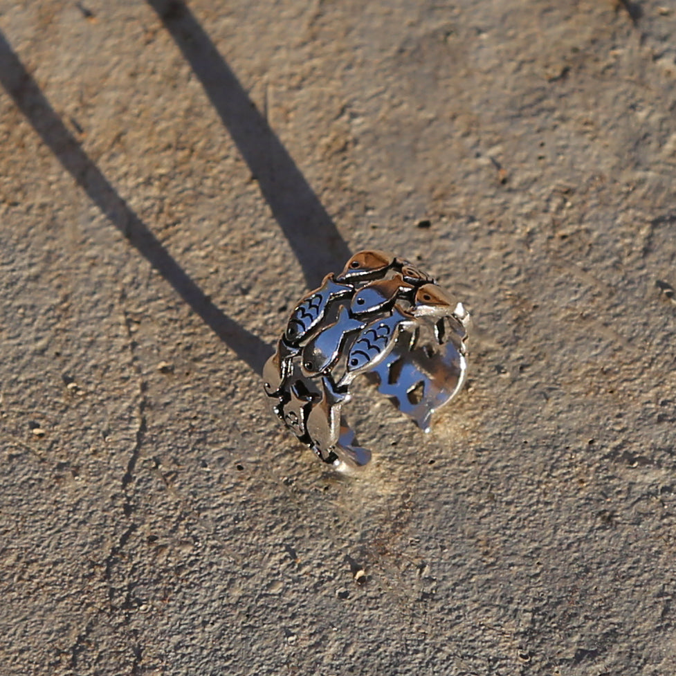 Cute Fish Adjustable Sterling Silver Ring, Traditional Chinese Love and Luck Ring (S)