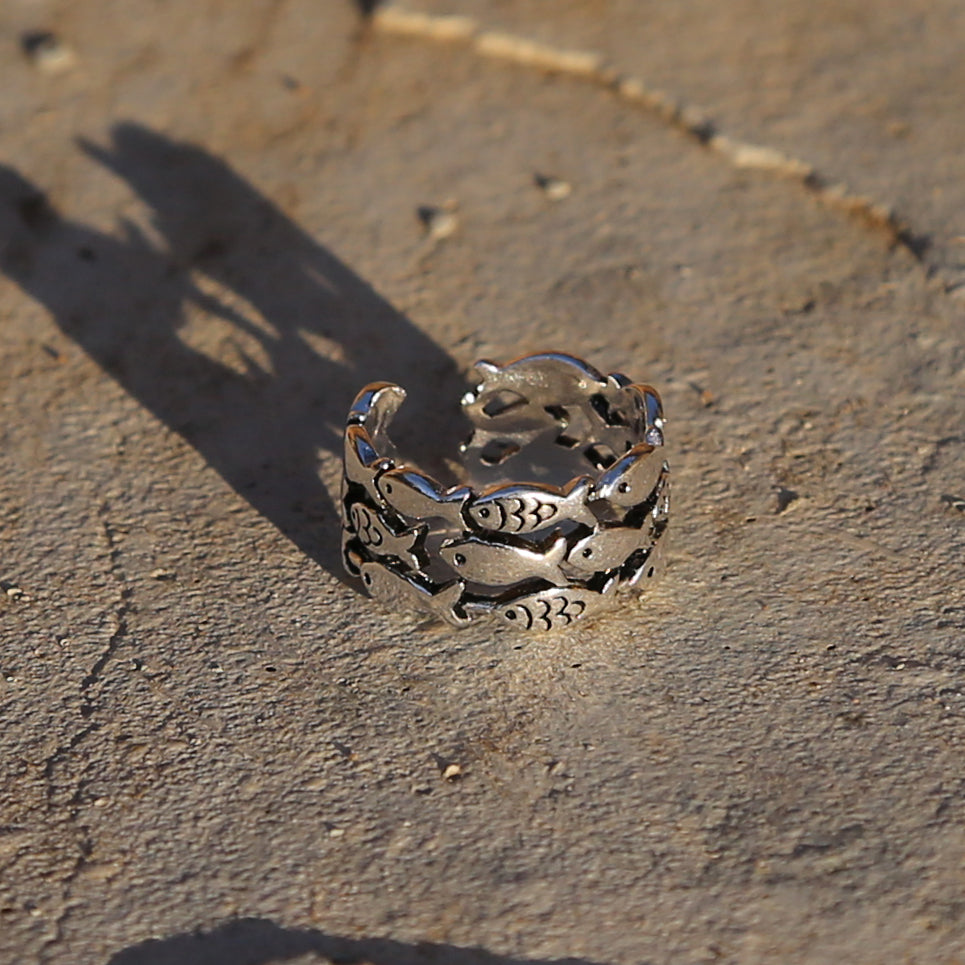 Cute Fish Adjustable Sterling Silver Ring, Traditional Chinese Love and Luck Ring (S)