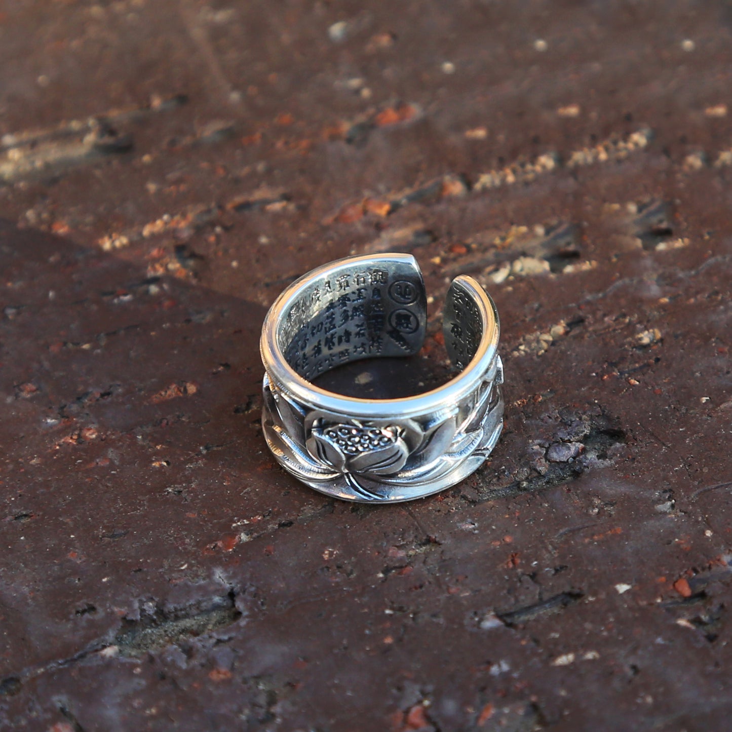 Shiny Glossy Lotus with Buddhist Sutra Adjustable Silver Ring, Tibetan Buddhist Ring, Om Ring (S)