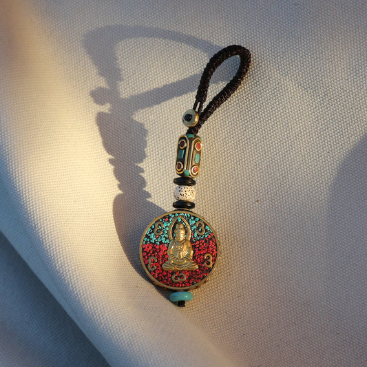 Tibetan Buddhist Buddha Protection Keychain Zipper Charm, Buddhism Rearview Mirror Charm, Chinese FengShui Car Charm Lanyard Keychain (R)