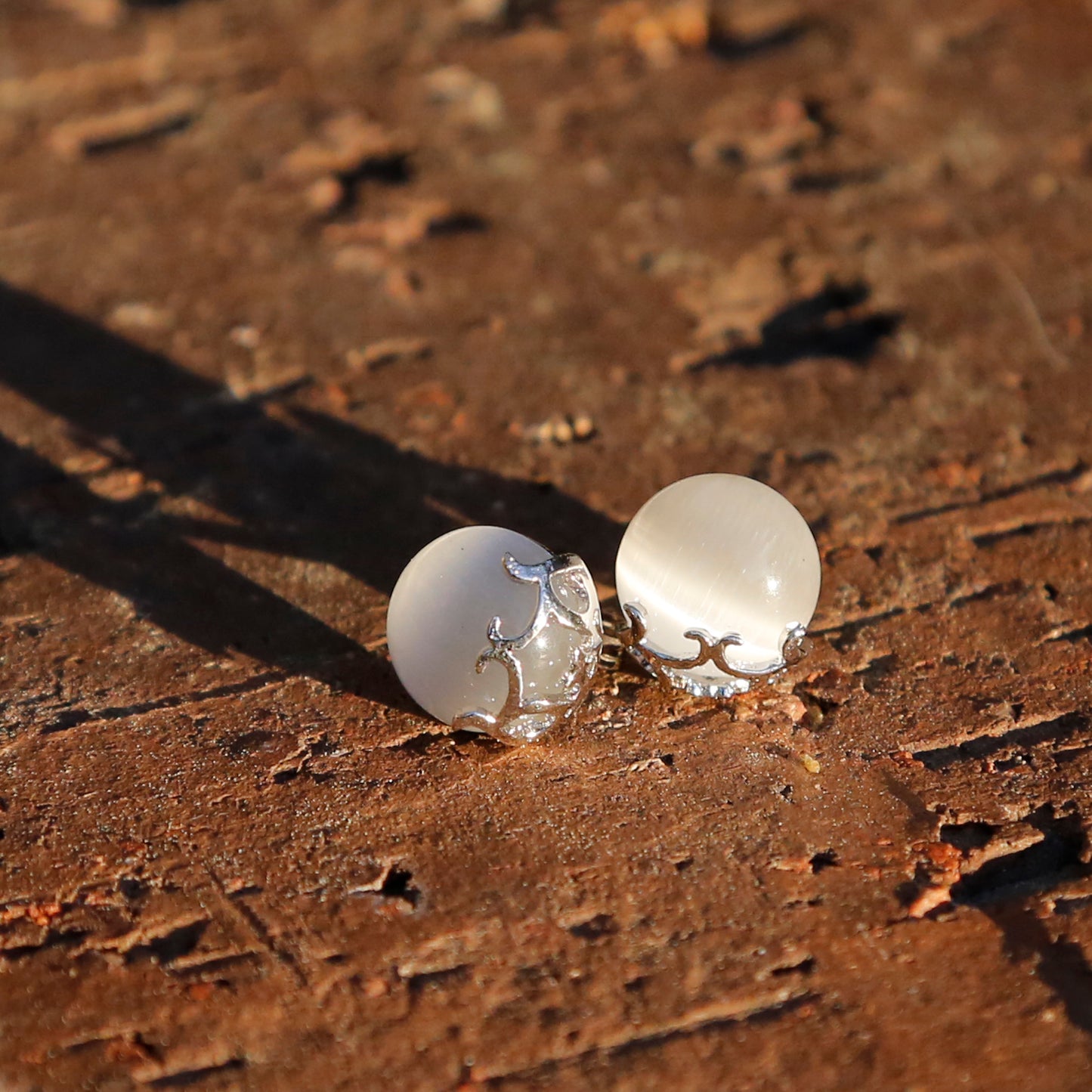 Cat Eye Sterling Silver Stud Earrings, Bohemian Style Simple Vintage Gem Stone Earrings - ZentralDesigns