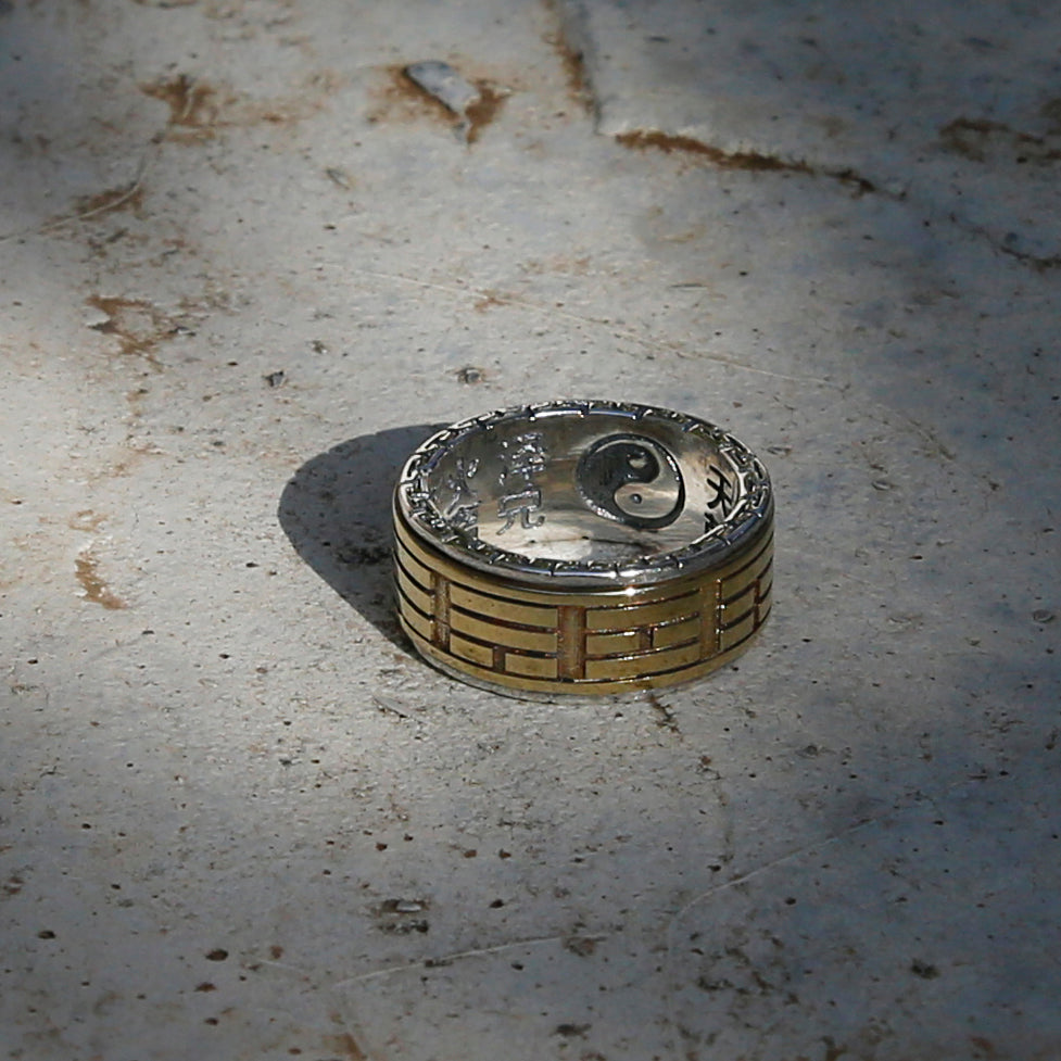 Dual Color Yin Yang Brass and Sterling Silver Spinner Ring, Taoist Ba Gua Ring - ZentralDesigns