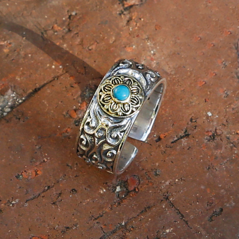 Vintage Style Embossed Auspicious Cloud Adjustable Sterling Silver Ring (S)