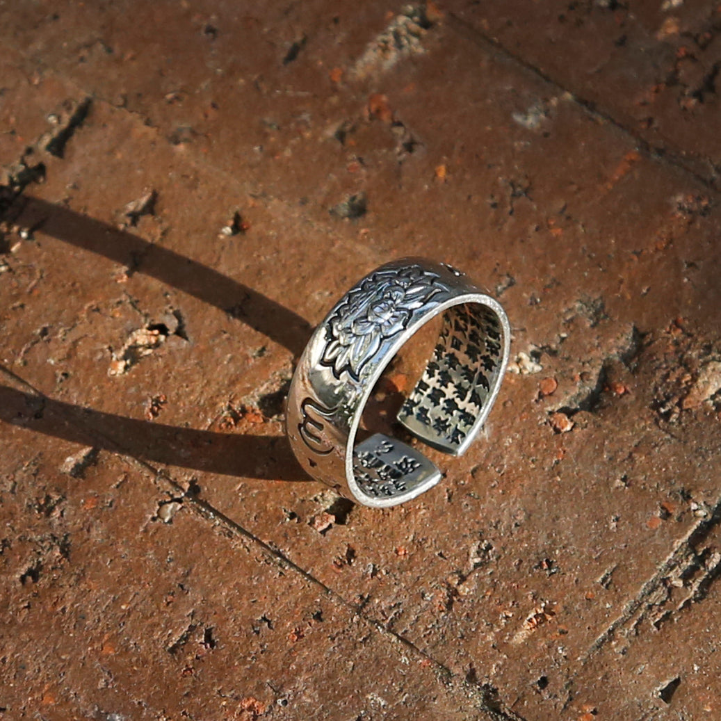 Lotus with Buddhist Prayers Adjustable Sterling Silver Ring, Tibetan Buddhism Ring - ZentralDesigns