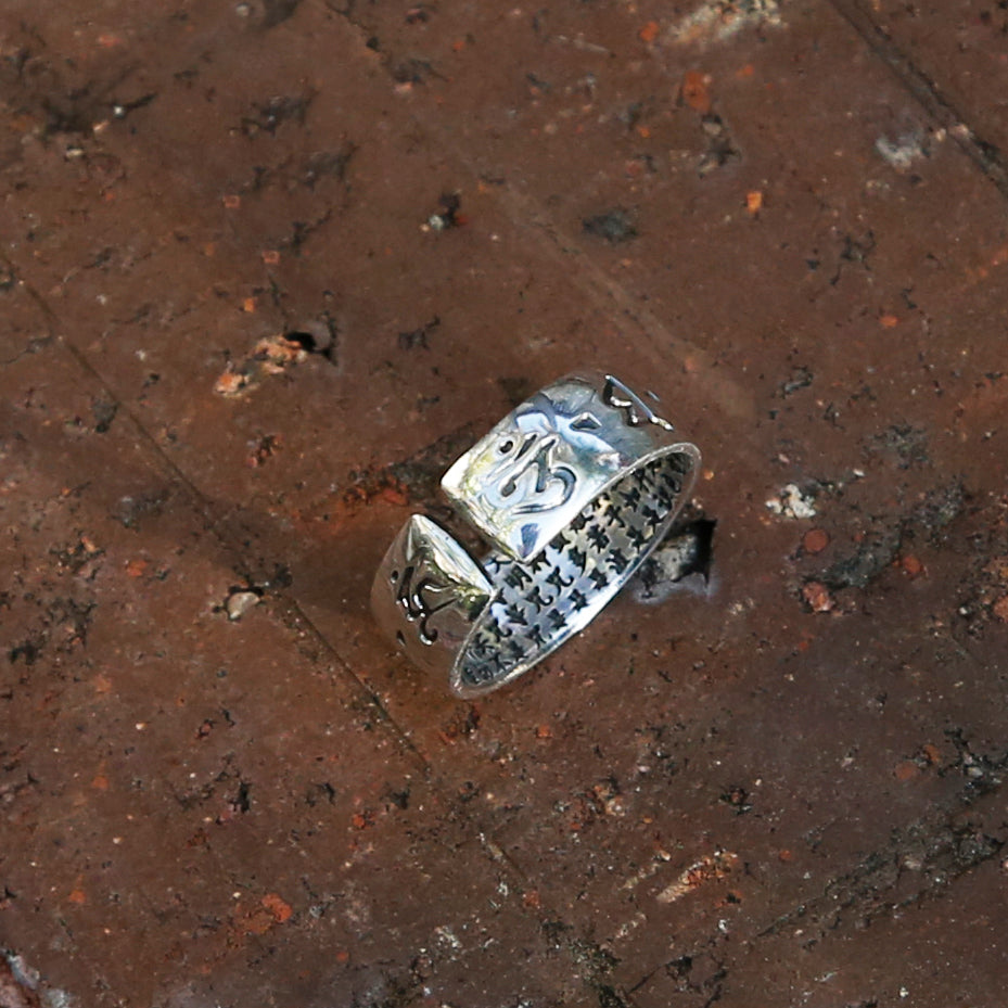 Lotus with Buddhist Prayers Adjustable Sterling Silver Ring, Tibetan Buddhism Ring - ZentralDesigns